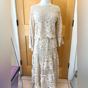 Solitaire Crochet Tiered Maxi 2-piece Dress Ecru